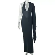 Solid Color Backless V Neck Long Sleeve Bodycon Dress Mid Waist Slim Fit Trendy Style Perfect for Street Fashion