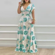 Elegant Womens Beach Dress High Waist Short Sleeve V Neck Polyester available in Multiple Sizes