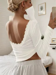 Womens Long Sleeve T Shirt Lace Panel Design Slim Fit Backless White Casual Wear