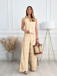 Womens Summer French Style Embroidered Hollow V Neck Tank Top and Wide Leg Pants Set in Multiple Colors Wholesale