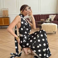 Womens Summer Two Piece Set Polka Dot Print V Neck Sleeveless Top and Midi Skirt Casual Fashion
