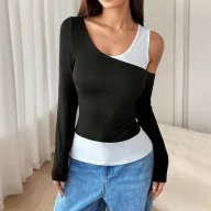 Asymmetrical Black Tank Top with Long Sleeves and Unique Design for Spring and Autumn Wholesale low MOQ