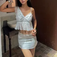 French Style Lace Trimmed Cami Top and Bodycon Mini Skirt Set for Women Summer Collection Elegant Casual Wear Wholesale
