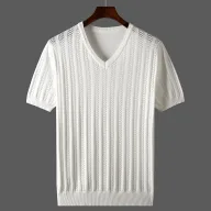 Mens Loose Fit Cotton Knitted Short Sleeve V Neck T Shirt Breathable Summer Top Available in Multiple Colors and Sizes