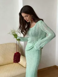 Knitted Two Piece Set Hollow Out Design Long Sleeve Top and Midi Skirt Cotton Fabric Casual Vacation Wear Wholesale