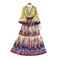 Bohemian Floral Maxi Dress for Women V Neck Long Sleeve Waist Tie A Line Silhouette Elegant Vacation Style