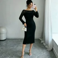 Two Piece Dress Set Off Shoulder Long Sleeve Sheer Overlay Bodycon Midi Skirt Casual or Party Wear Wholesale