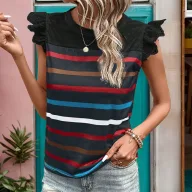 Lace Trim Ruffle Sleeve Striped T Shirt Summer Casual Style Lightweight Fabric Wholesale Available