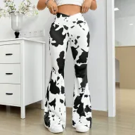 Cow Print High Waist Flare Pants for Women Stretchy Fabric Casual Style Available in Sizes S to XL Wholesale