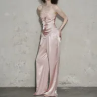 High Waist Satin Straight Leg Pants for Women Casual Street Style Available in Blue and Pink Wholesale Supply