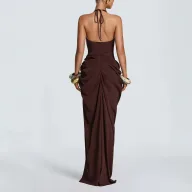 Elegant Sleeveless V Neck Solid High Waist Polyester Dress