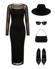 Two Piece Dress Set Off Shoulder Long Sleeve Sheer Overlay Bodycon Midi Skirt Casual or Party Wear Wholesale