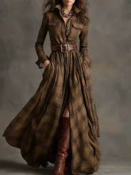 Office Lady Long Sleeve Polyester Dress with Mid Waist in Vintage for Women