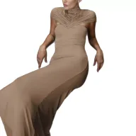 Elegant Sleeveless High Waist Solid Polyester Evening Dress in Khaki