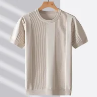 Mens Short Sleeve Striped Wool Knitted T Shirt Fashionable Casual Wear for Fall and Winter