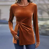 Womens Long Sleeve T Shirt Irregular Split Hem Elegant Velvet Fabric Casual Autumn Winter Wear