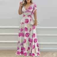 Elegant Womens Beach Dress High Waist Short Sleeve V Neck Polyester available in Multiple Sizes