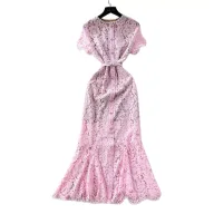 Luxury Lace Mermaid Dress Short Sleeve Round Neck Rhinestone Embellished Slim Fit Evening Gown for Formal Events