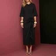 Summer Casual Dress for Women Solid Color Split Hem Pleated Design Vacation Style Wholesale Available