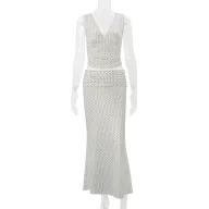 Womens Summer Vacation Set V Neck Sleeveless Polka Dot Top Long Skirt Stylish Comfortable Wholesale Available