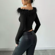 Asymmetrical Hem Long Sleeve T Shirt for Women Feather Patchwork Design Slim Fit Spring Summer Collection