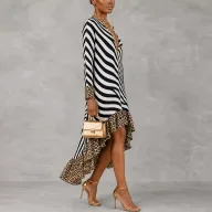 Elegant Long Sleeve V Neck Dress Ruffle Hem for Holiday Wear in Polyester