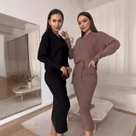 Knitted Two Piece Set for Women Soft Fabric with Split Sweater and Tie Waist Skirt Casual Autumn Winter Wear Wholesale