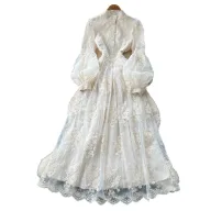 French Court Style Embroidered Lace Dress Puff Sleeves High Neck Waist Tie Elegant Long Dress for Autumn Wholesale