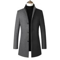 Mens Overcoat Mid Length Single Breasted Design Stand Collar Wool Blend Available in Multiple Colors and Sizes