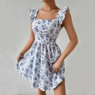 Floral Print Backless Dress Slim Fit Short Sleeve V Neck Summer Style Available in White and Blue Wholesale Low MOQ