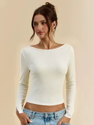 Womens Long Sleeve Knit Top Slim Fit Round Neck Soft Apricot Fabric Casual Wear