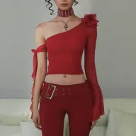 One Shoulder Floral Long Sleeve Top for Women Casual Fit Available in Black and Red Wholesale Re