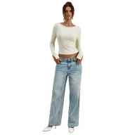Womens Long Sleeve Knit Top Slim Fit Round Neck Soft Apricot Fabric Casual Wear