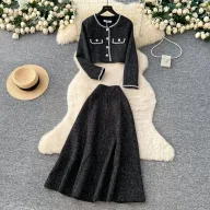 Two Piece Womens Set Cardigan with Metallic Buttons and High Waisted Skirt Autumn Fashion