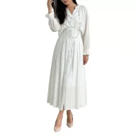 Elegant High Waist Long Sleeve V Neck Solid Polyester Dress for Women