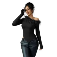 Asymmetrical Hem Long Sleeve T Shirt for Women Feather Patchwork Design Slim Fit Spring Summer Collection