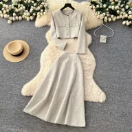 Two Piece Womens Set Cardigan with Metallic Buttons and High Waisted Skirt Autumn Fashion