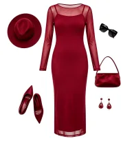 Two Piece Dress Set Off Shoulder Long Sleeve Sheer Overlay Bodycon Midi Skirt Casual or Party Wear Wholesale