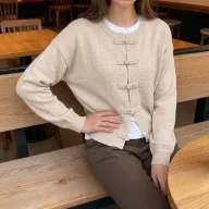 Womens Cardigan Sweater Korean Style Solid Color with Chinese Knot Lightweight for Casual Wear