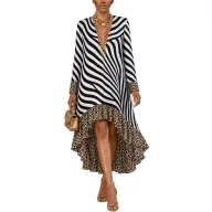 Elegant Long Sleeve V Neck Dress Ruffle Hem for Holiday Wear in Polyester