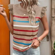 Lace Trim Ruffle Sleeve Striped T Shirt Summer Casual Style Lightweight Fabric Wholesale Available