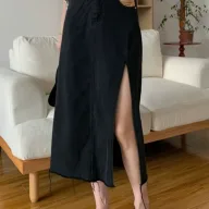 High Slit Denim Skirt for Women Vintage Style Side Split Patchwork Design Casual Summer Wear