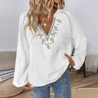 Loose Fit Embroidered V Neck Long Sleeve Shirt for Women Summer Casual Style Available in White Wholesale Options