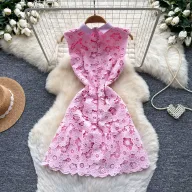 Pink Lace A Line Dress for Women Sleeveless Hollow Out Elegant Collar Perfect for Parties and Special Occasions