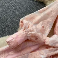 French Romantic Style Embroidered A Line Dress Lantern Sleeves High Collar Waist Defining Elegant Long Dress
