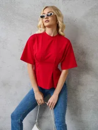 Loose Fit Waist Defined Cotton T Shirt for Women Short Sleeve Round Neck Solid Colors for Summer