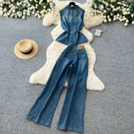 Sleeveless Denim Two Piece Set for Women Slim Fit High Waist Pants and Tank Top Casual Summer Outfit