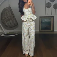 Womens Casual Summer Outfit Floral Print Ruffle Cami Set Available in White and Blue Wholesale Sizes S to 3XL