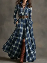 Office Lady Long Sleeve Polyester Dress with Mid Waist in Vintage for Women