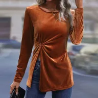 Womens Long Sleeve T Shirt Irregular Split Hem Elegant Velvet Fabric Casual Autumn Winter Wear